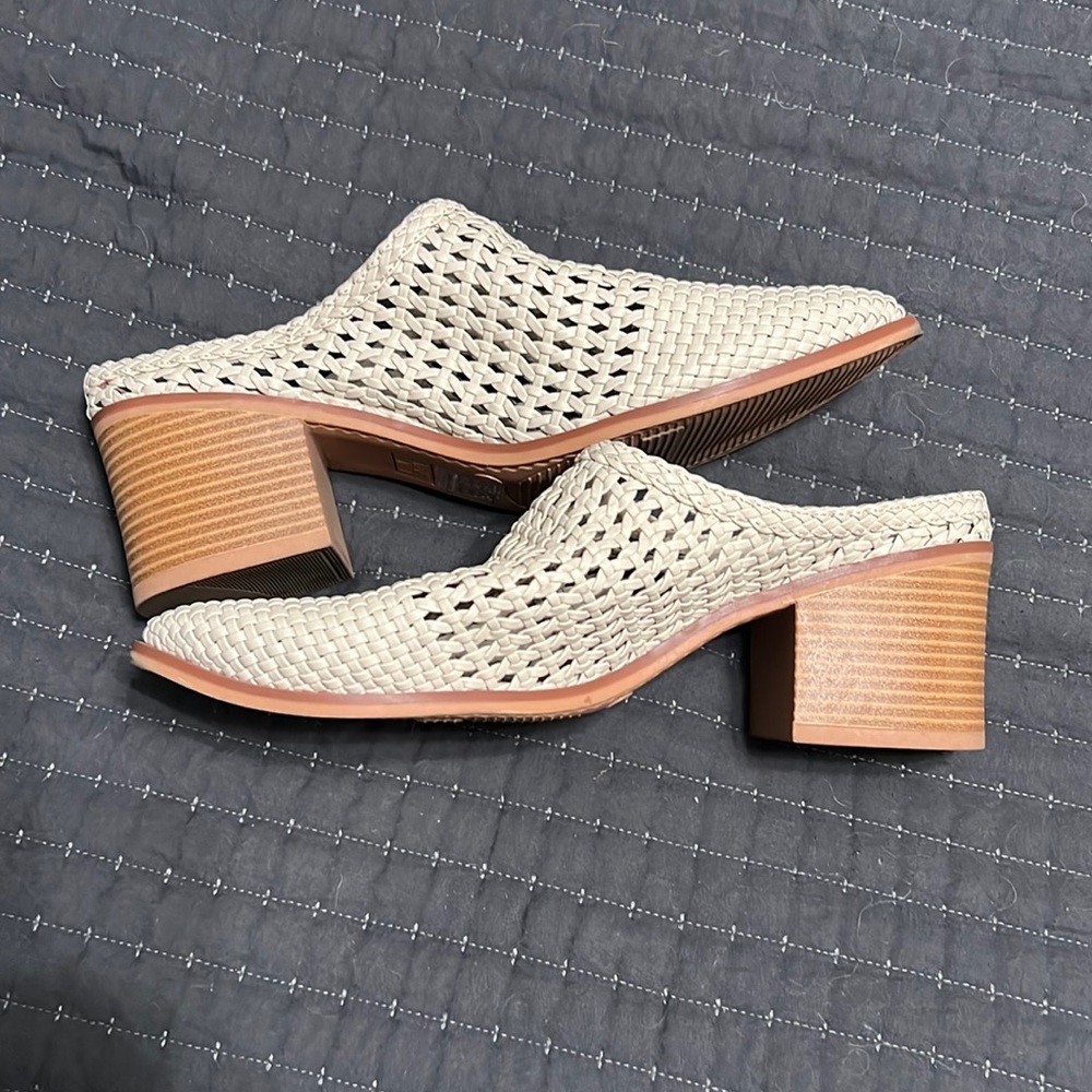 Woven Cream Mules with Block Heel - Women's Slip-On Clogs